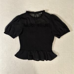 Express Black Puff Sleeve Smocked Peplum Top Size M Whimsigoth Fairy Grunge Goth